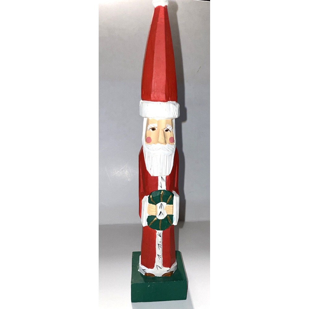 Vintage Old World Carved Wood Pencil Christmas Santa 9.5 inches tall